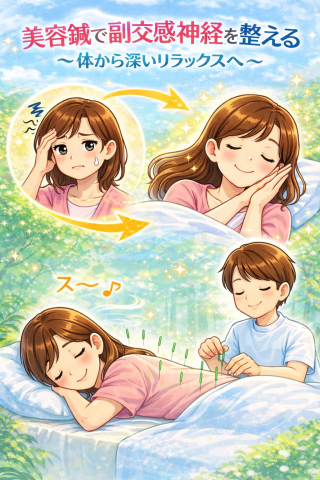 名古屋で自律神経を整える美容鍼|副交感神経を高めるリラックス施術イラスト|休息治療院 名古屋の休息治療院で美容鍼により副交感神経を整え、体から深くリラックスして眠る女性のイラスト