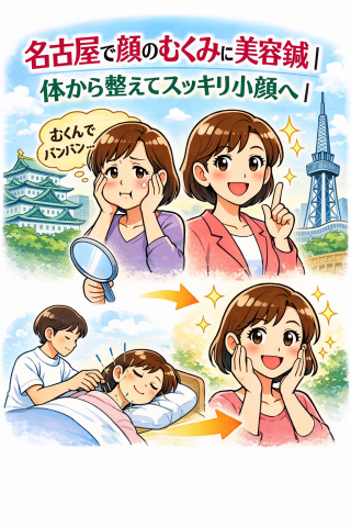 名古屋で顔のむくみに美容鍼|体から整えてスッキリ小顔へ|休息治療院 名古屋で顔のむくみに悩む女性が美容鍼で体から整えられ、むくみが改善してスッキリ小顔になるイラスト