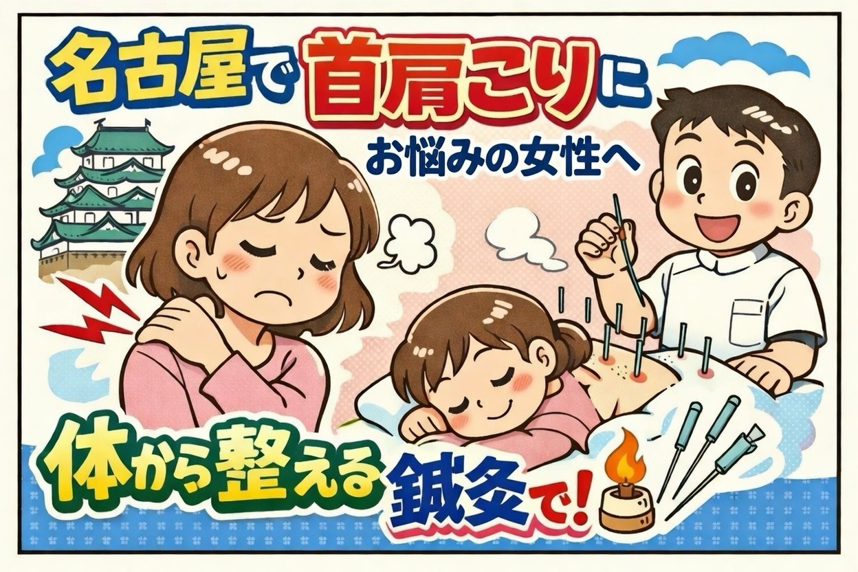 名古屋市東区で首肩こりに悩む女性への鍼灸施術イメージ